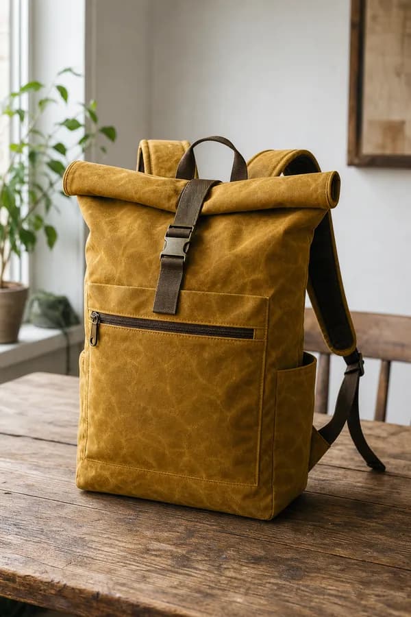 A waxed-canvas roll-top backpack with a front zip pocket