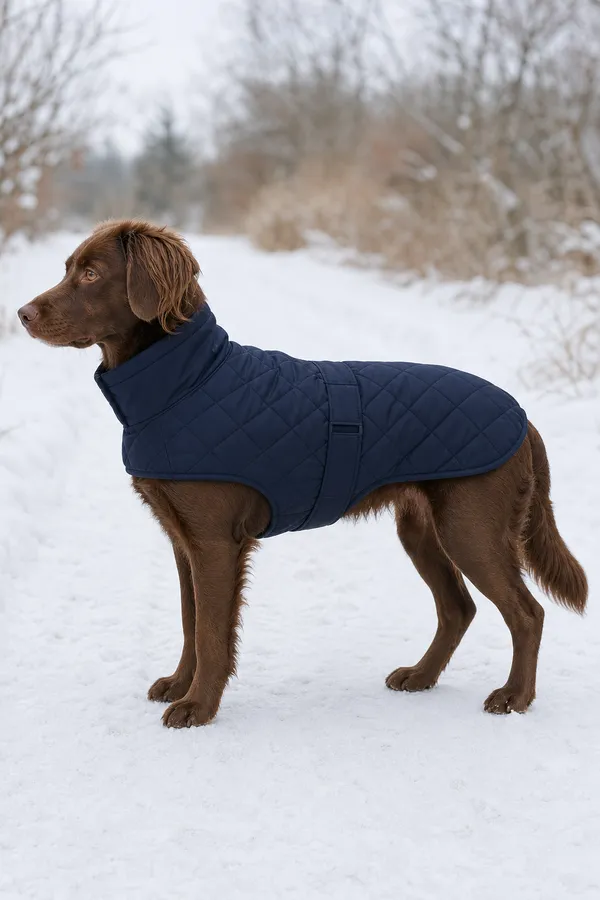 A quilted dog coat with a high collar and a belly strap