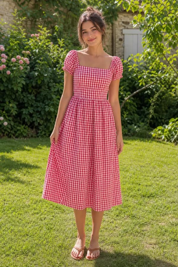 A gingham midi dress with a square neckline and puff sleeves