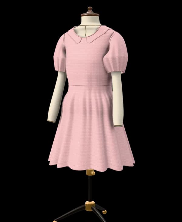 Ein Partykleid für ein 7-jähriges Mädchen: Bubikragen, kurze Puffärmel, taillierte Corsage, weiter gekräuselter knielanger Rock und eine Schärpe, hinten zur Schleife gebunden
