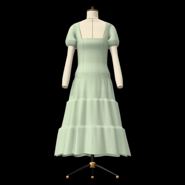 Sage green tiered dress on a mannequin with square neckline, puff sleeves, V basque waist and gathered skirt